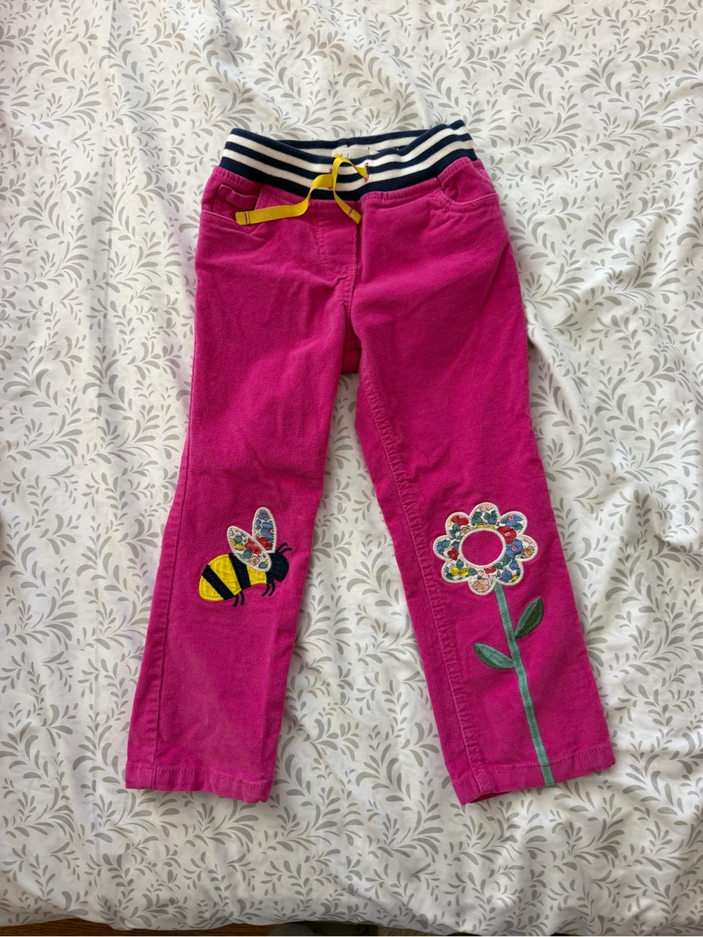 Mini Boden Fuchsia Corduroy Pants with Bee & Flower Appliques